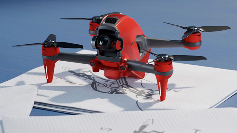 Drone vermelho projetado com o SOLIDWORKS