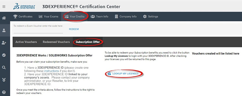 Screenshot of Your Credits area of the 3DEXPERIENCE Certification Center