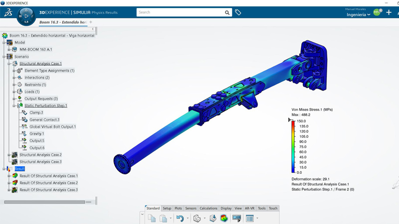 Screenshot from SOLIDWORKS Simulation showing a part colored with simulation data