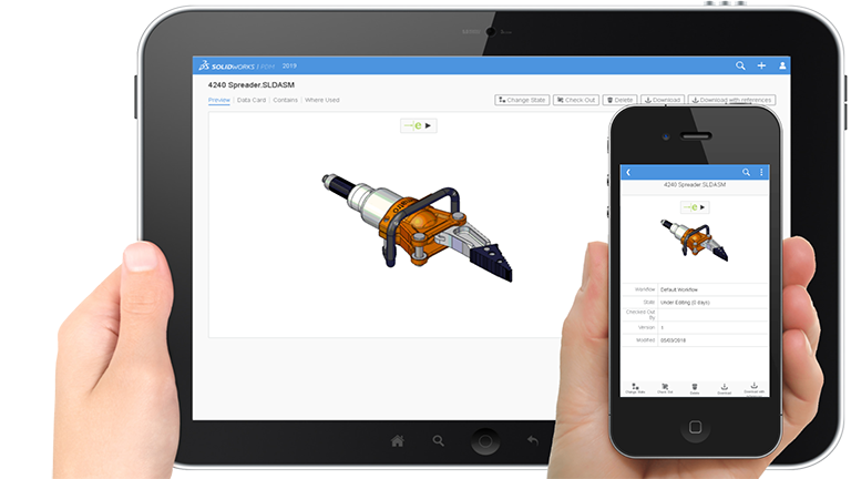 ipad and mobile phone displaying screenshot of  SOLIDWORKS PDM