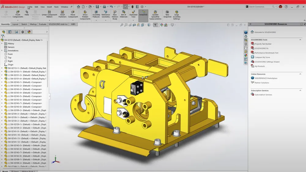 Screenshot of SOLIDWORKS showing an assembly with related data