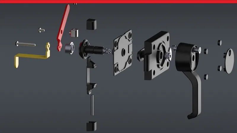 Rendu 3D montrant une vue éclatée de la pièce de la machine