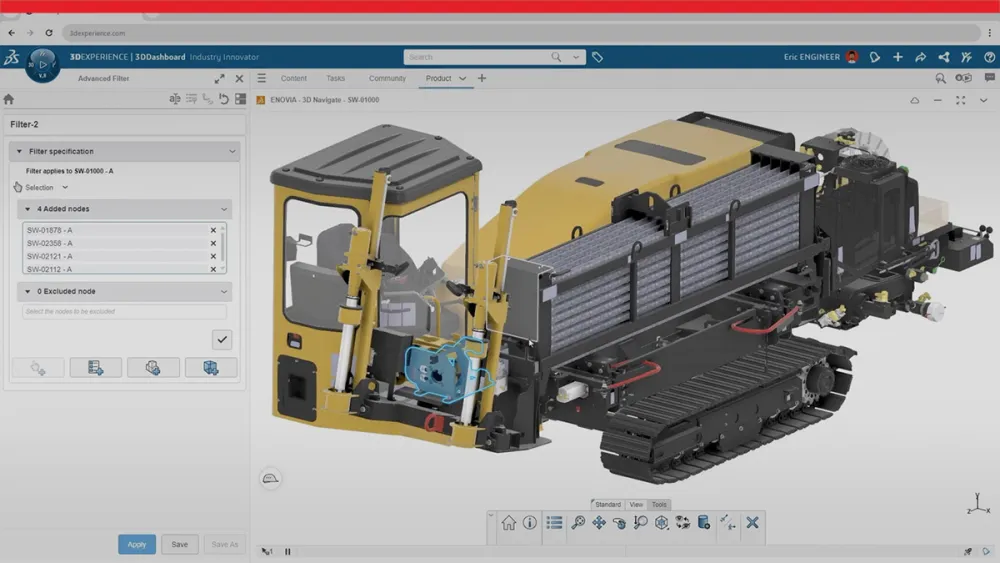 SOLIDWORKS 3D model of industrial equipment with part highlighted