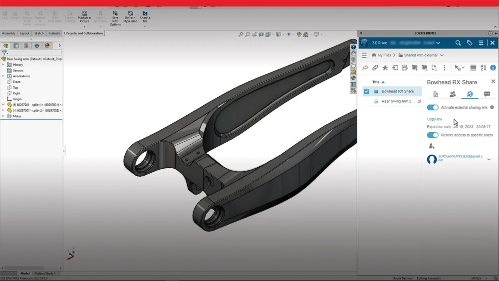 User interface showing Share and Markup - SOLIDWORKS Cloud Services