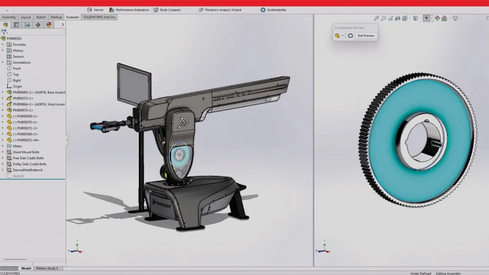SOLIDWORKS 3D model of Proteus exercise machine with close-up of part