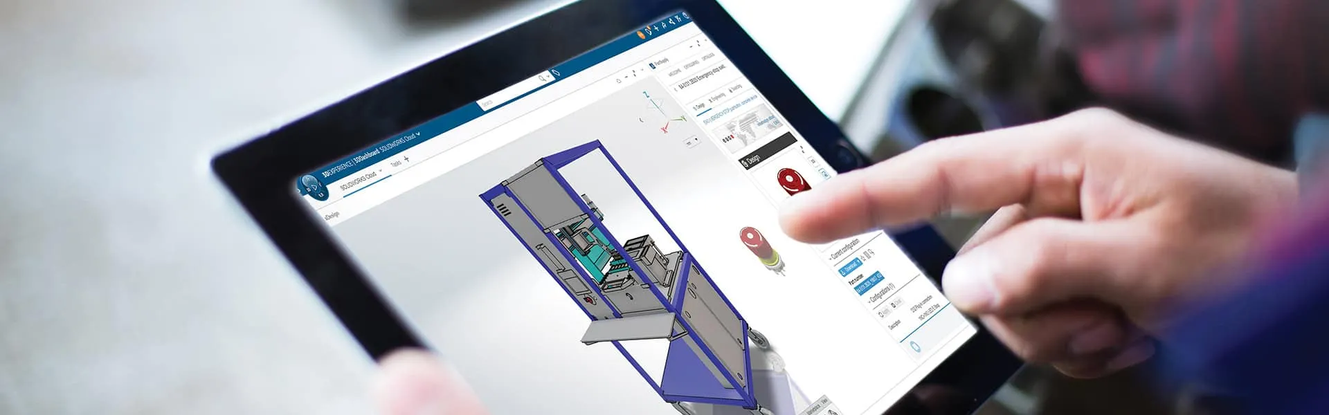 3D model of 3D printer on tablet with person touching the screen - SOLIDWORKS