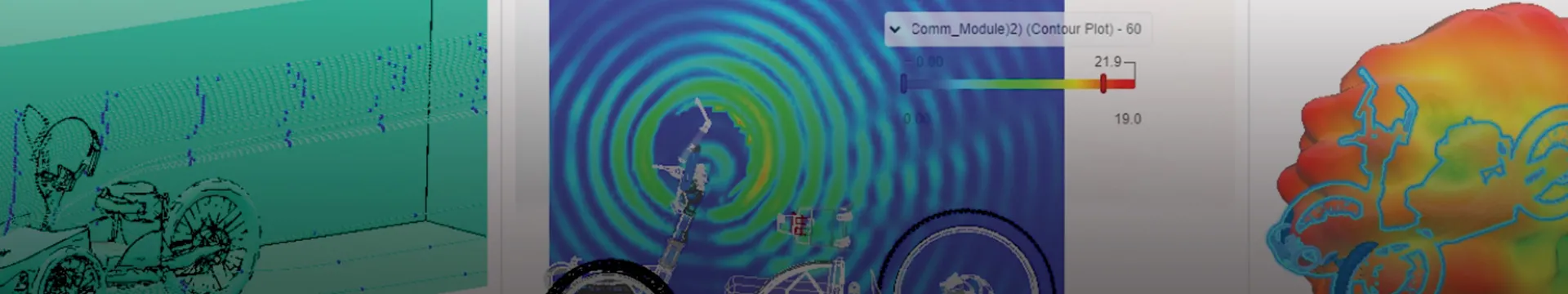 Three different 3D models showing different types of simulation data