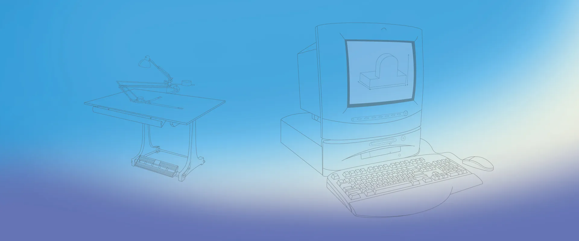 Graphique représentant une table de dessin et un ordinateur des années 1980