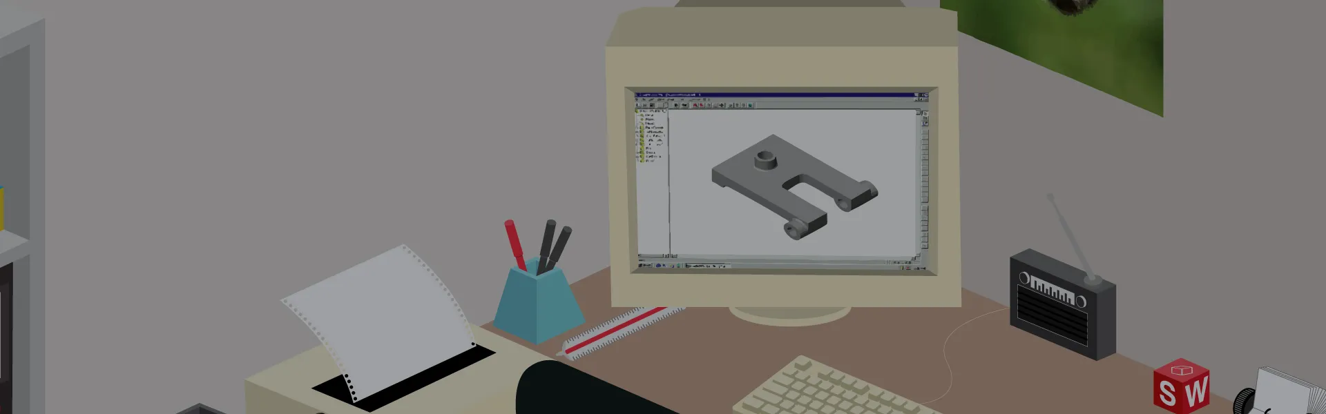 Illustration représentant un ordinateur de 1995 avec l'interface utilisateur SOLIDWORKS