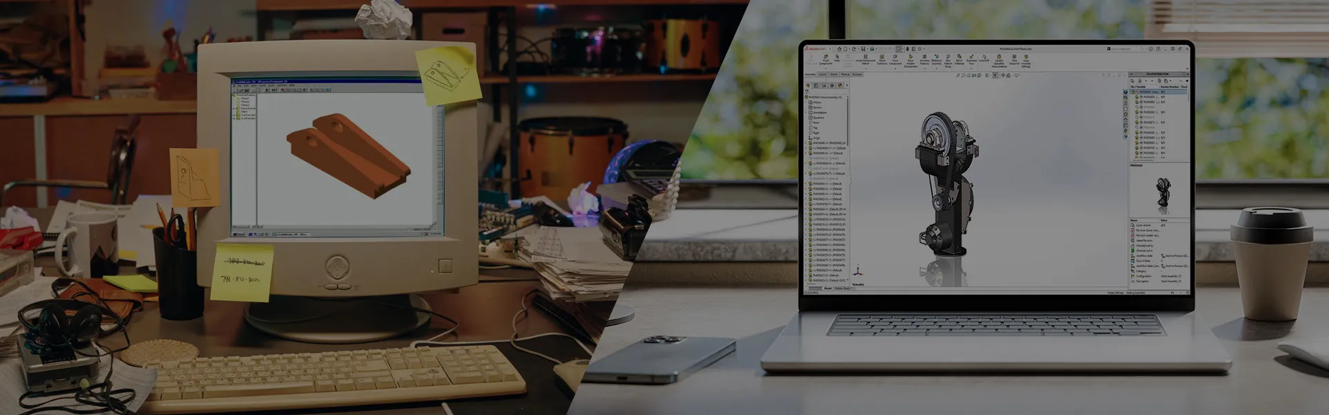 Écran partagé montrant l'interface utilisateur SOLIDWORKS de 1995 d'aujourd'hui