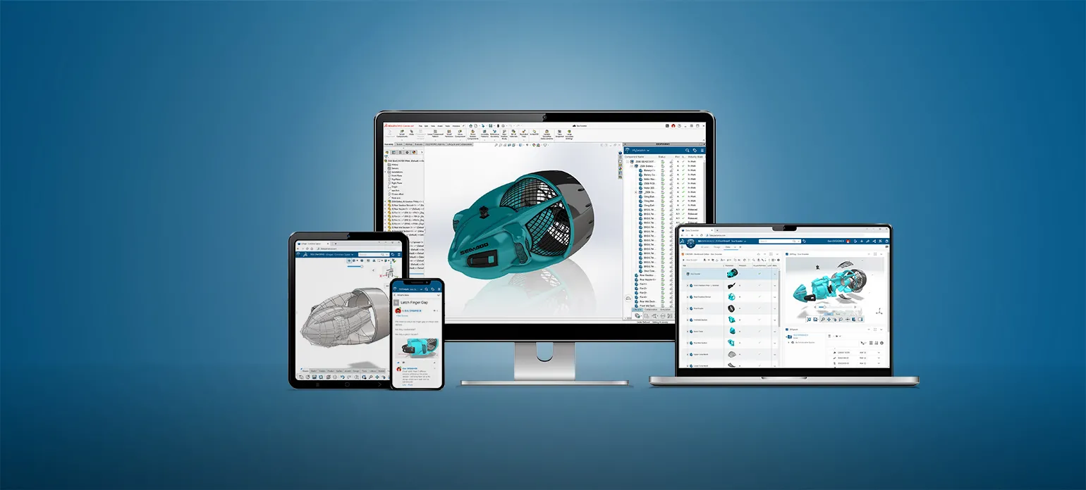Laptop, desktop,tablet, and mobile screens showing SOLIDWORKS user interface