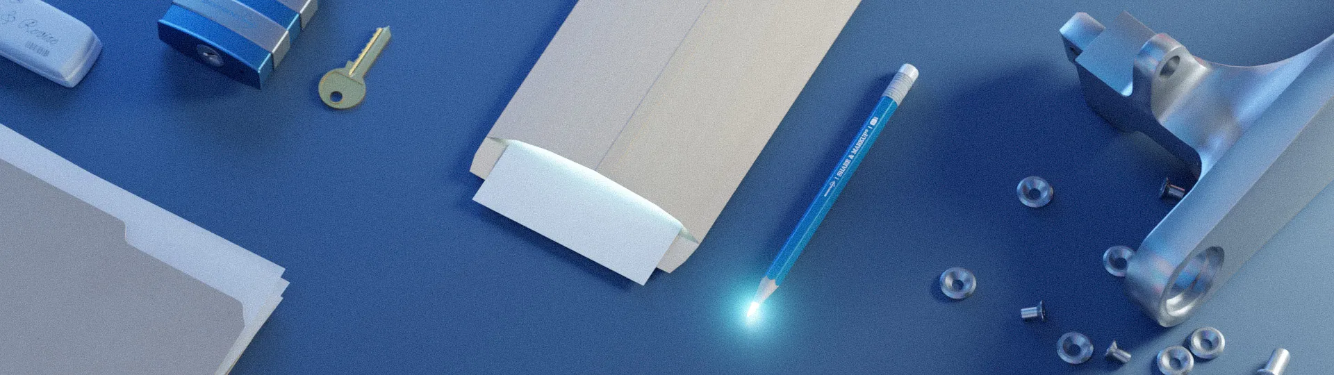 Design tools on table, pencil with glowing tip - SOLIDWORKS Cloud Services