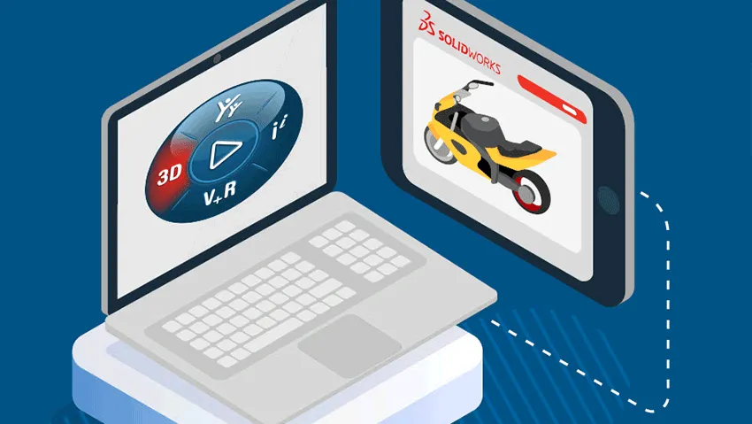 Illustration of SOLIDWORKS software on both a laptop and a tablet